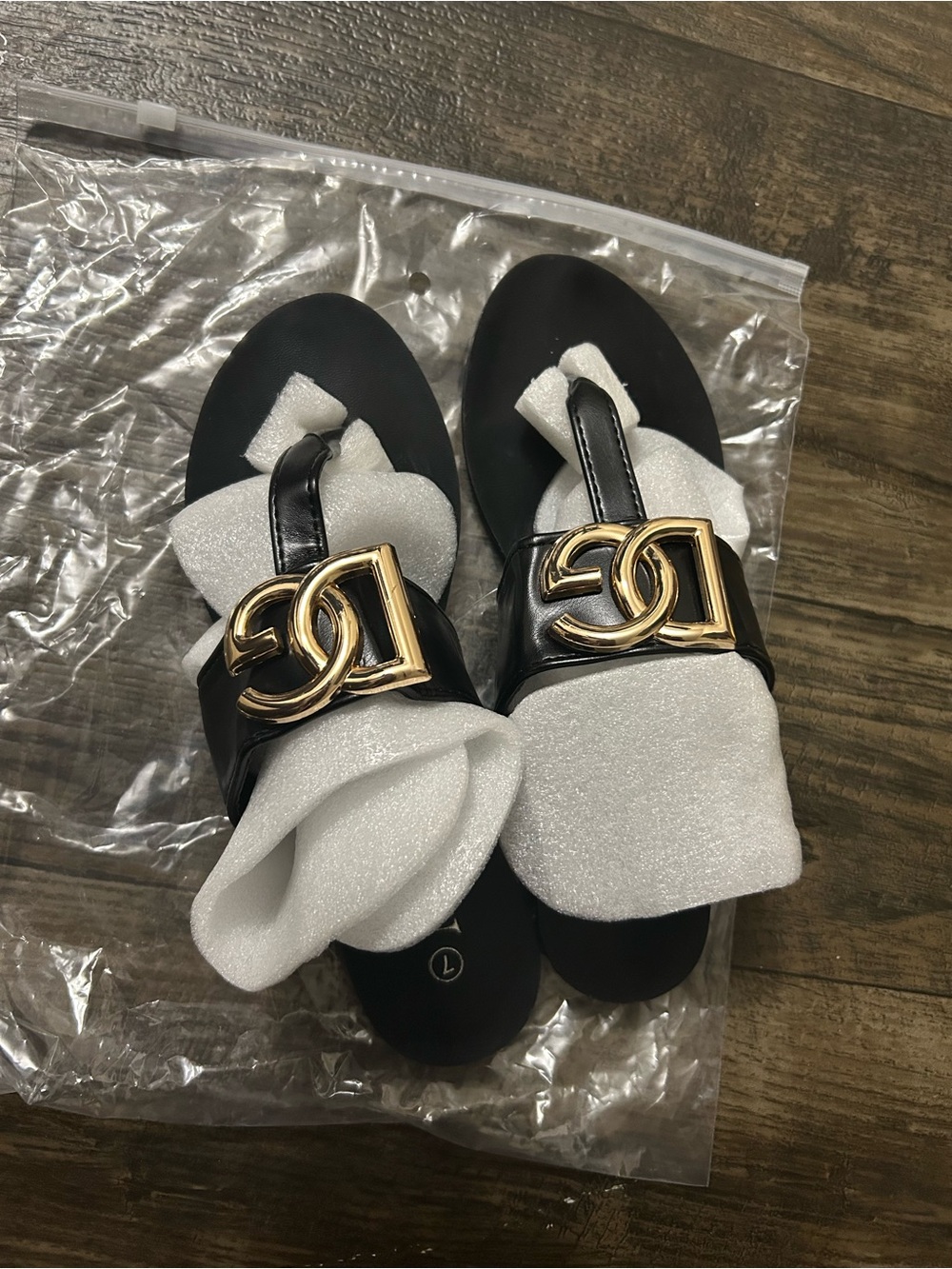 Black Women's Slide Sandals with Gold Accent